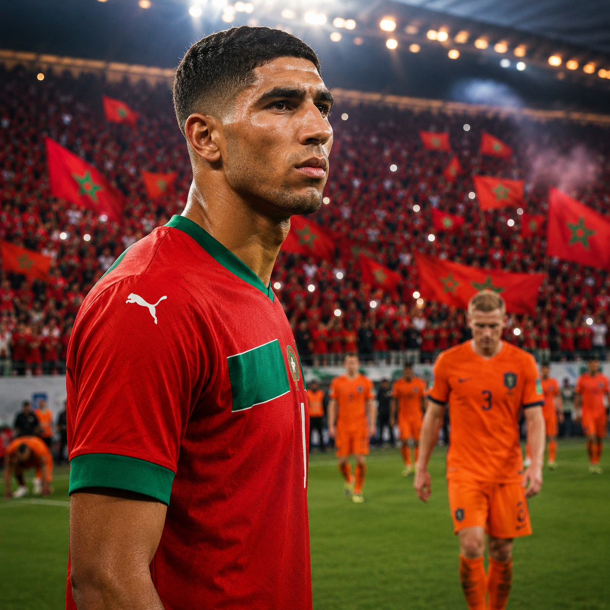 Morocco defender Achraf Hakimi challenges the Netherlands during the FIFA World Cup 2026 Round of 32.