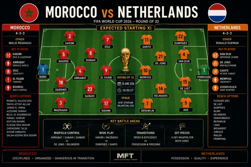 Morocco vs Netherlands predicted lineups and tactical formations for the 2026 World Cup Round of 32
