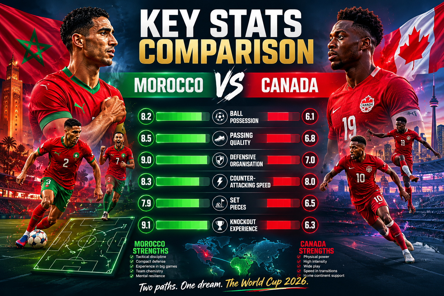 Morocco vs Canada key statistics comparison for the 2026 World Cup Round of 16